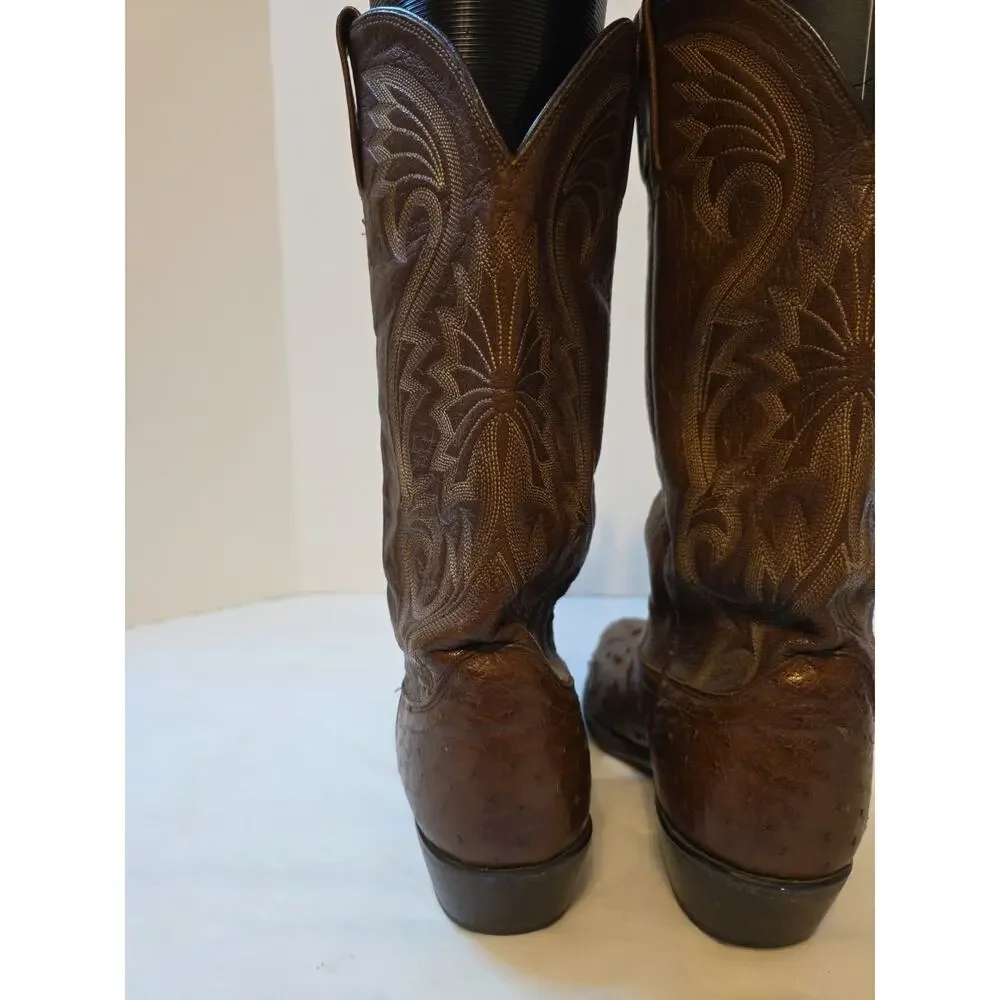 Vtg Dan Post Mens 9.5 Ew Brown Ostrich Leather Cowboy Boots
